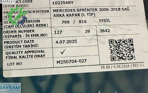 Mercedes Sprinter Sağ Arka Cam çıkma parça
