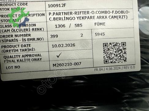 Peugeot Rifter Arka Cam TEPEE-DOBLO- çıkma parça