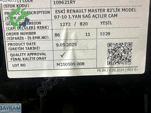 Renault Master Sağ Yan Cam çıkma parça