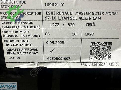 Renault Master Sol Yan Cam çıkma parça