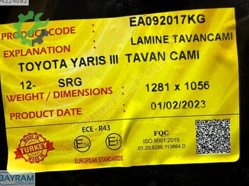 Toyota Yaris Tavan Camı çıkma parça