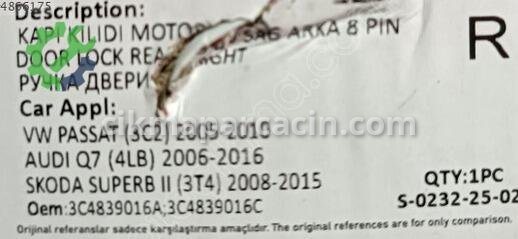 Volkswagen Passat Sağ Arka Kapı Kilidi 3C4839016A çıkma parça