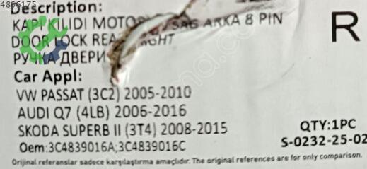 Volkswagen Passat Sağ Arka Kapı Kilidi 3C4839016A çıkma parça