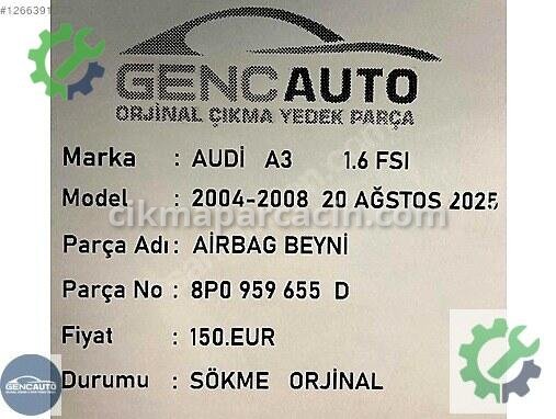 Audi A3 Airbag Beyni (SRS) 8P0959655 çıkma parça