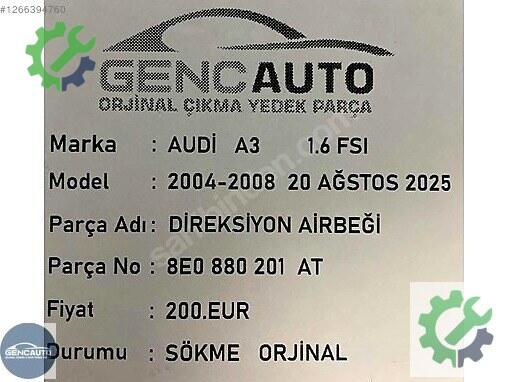 Audi A3 Airbag (Hava Yastığı) 8E0880201 çıkma parça