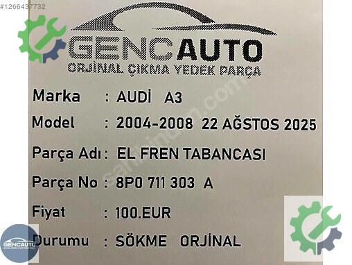 Audi A3 El Freni 8P0711303 çıkma parça