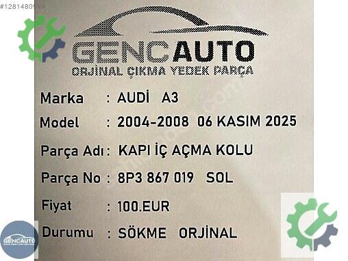 Audi A3 Açma Kolu 8P3867019 çıkma parça