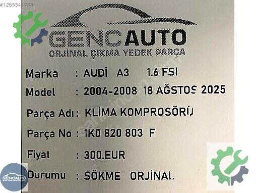 Audi A3 Klima Kompresörü 1K0820803 çıkma parça