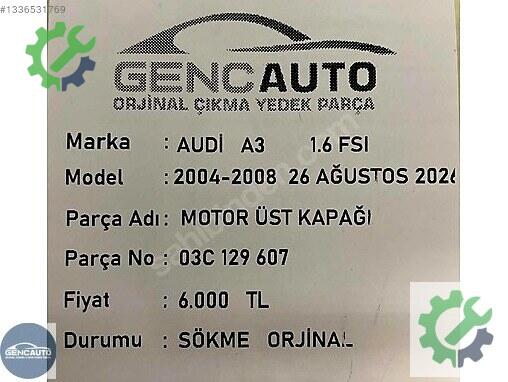 Audi A3 Motor Kapağı 03C129607 çıkma parça