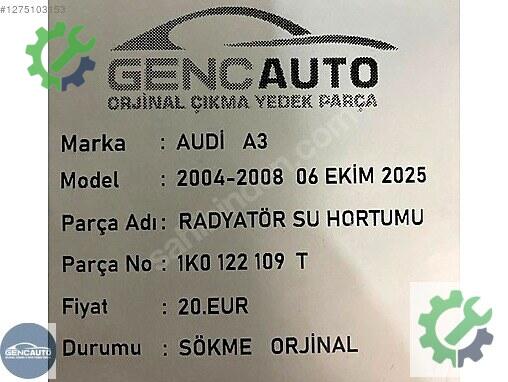Audi A3 Radyatör Hortumu 1K0122109 çıkma parça
