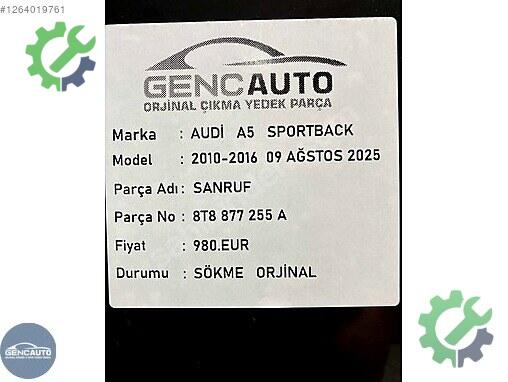 Audi A5 Komple Sunroof 8T8877255A çıkma parça