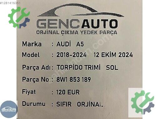 Audi A5 Sol Torpido 8W1853189 çıkma parça