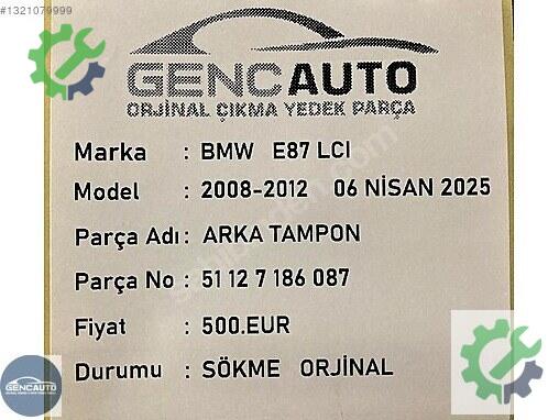 BMW 1 Serisi Arka Tampon 51127186087 çıkma parça
