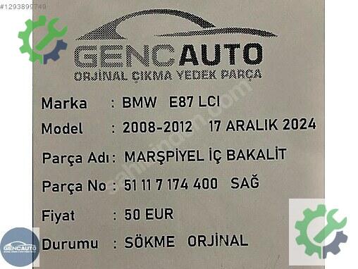 BMW 1 Serisi Bakalit 51117174400 çıkma parça