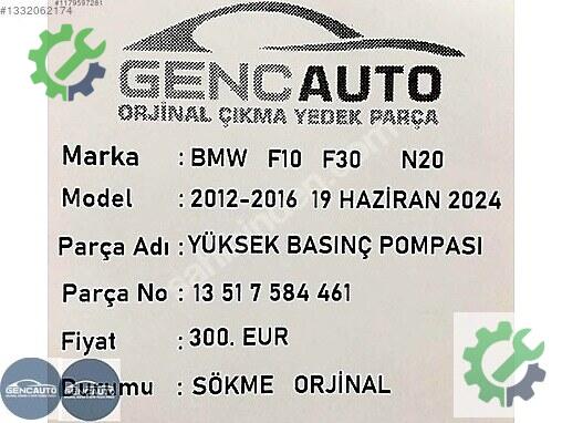 BMW 5 Serisi Yüksek Basınç Pompası 13517584461 çıkma parça