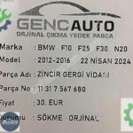 BMW F10 F25 F30 ZİNCİR GERGİ VİDASI SÖKME ORJ OEM 11317567680