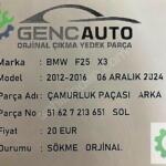 BMW F25 X3 ÇAMURLUK PAÇA ARKA SÖKME ORJ 51627213651 652 SAĞ SOL