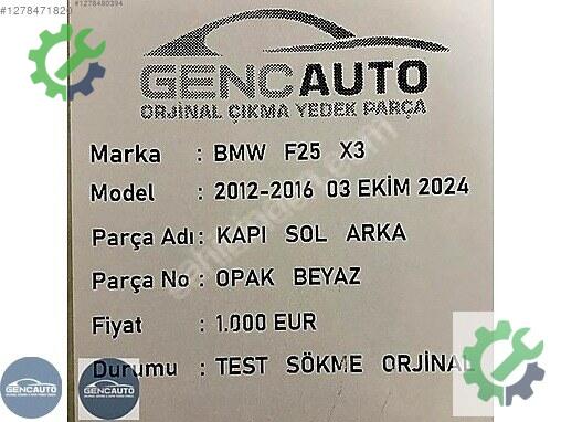 BMW X3 Sol Kapı çıkma parça