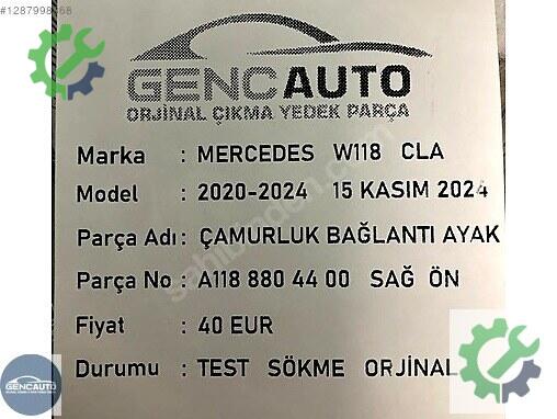 Mercedes-Benz CLA Çamurluk A1188804400 çıkma parça