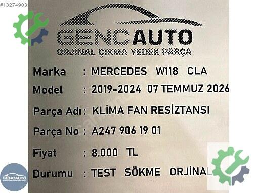 Mercedes-Benz CLA Kalorifer Rezistansı A2479061901 çıkma parça
