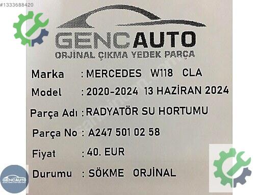 Mercedes-Benz CLA Intercooler Borusu A2475010258 çıkma parça