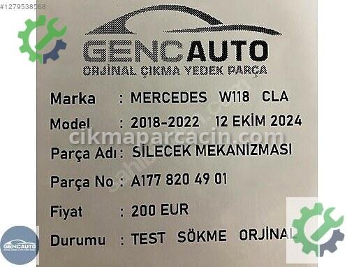 Mercedes-Benz CLA Silecek Mekanizması A1778204901 çıkma parça