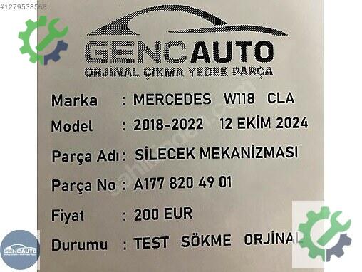 Mercedes-Benz CLA Silecek Mekanizması A1778204901 çıkma parça
