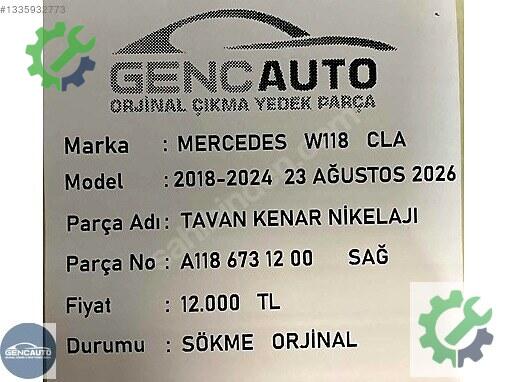 Mercedes-Benz CLA Kesme Tavan Sacı A1186731200 çıkma parça