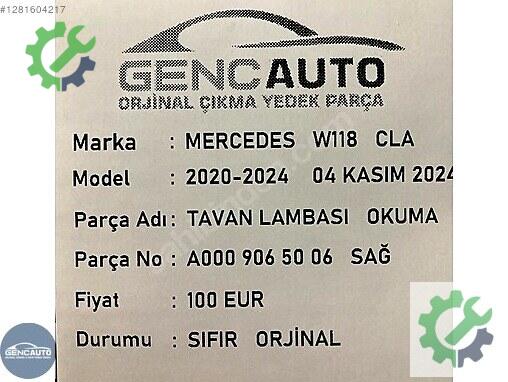 Mercedes-Benz CLA Tavan A0009064906 çıkma parça