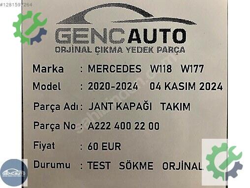 Mercedes-Benz CLA Jant Kapağı A2224002200 çıkma parça