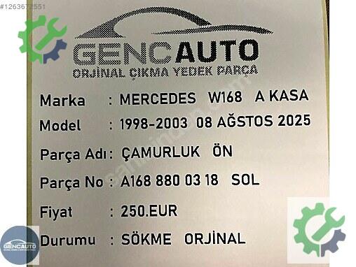 Mercedes-Benz A Sol Ön Çamurluk A1688800318 çıkma parça