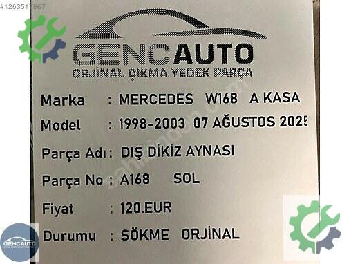 Mercedes-Benz A Sol İç Ayna çıkma parça