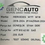 MERCEDES W177 W118 GÜNEŞLİK SİYAH DERİ SÖKME ORJ A1778106200 SAĞ