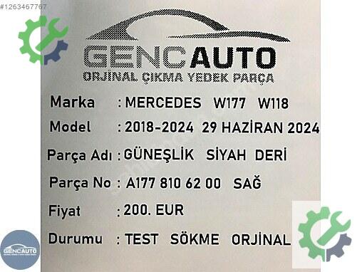 Mercedes-Benz CLA Sağ Güneşlik A1778106200 çıkma parça