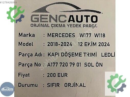 Mercedes-Benz CLA Sol Ön Kapı A1777207901 çıkma parça