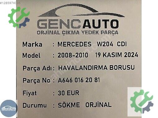 Mercedes-Benz C Intercooler Borusu A6460162081 çıkma parça