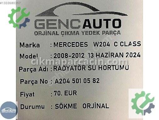 Mercedes-Benz C Intercooler Borusu A2045010582 çıkma parça