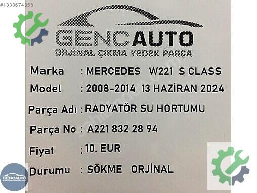 Mercedes-Benz S Intercooler Borusu A2218322894 çıkma parça