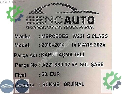 Mercedes-Benz S Kaput Açma Teli A2218800259 çıkma parça