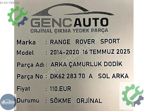 Land Rover Range Rover Arka Çamurluk DK6228370A çıkma parça