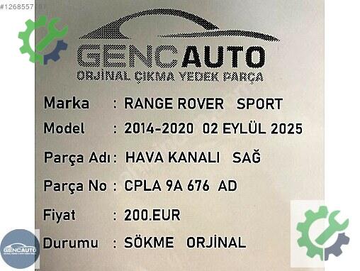 Land Rover Range Rover Intercooler Borusu CPLA9A676AD çıkma parça