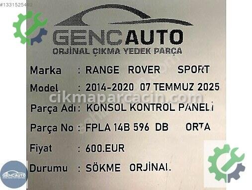Land Rover Range Rover Konsol Kontrol Paneli FPLA14B596DB çıkma parça
