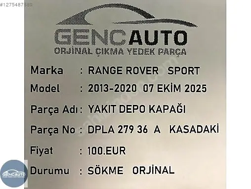 Land Rover Range Rover Yakıt Depo Kapağı DPLA27936A çıkma parça
