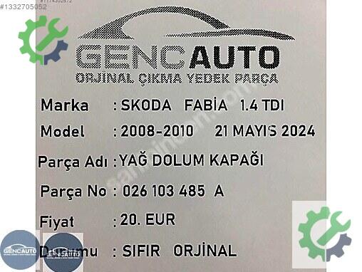 Skoda Fabia Yağ Dolum Kapağı 026103485 çıkma parça