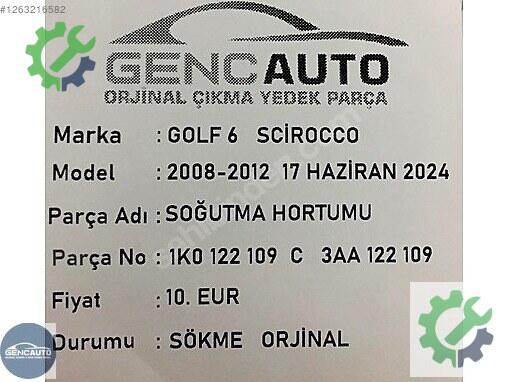 Volkswagen Golf Intercooler Borusu VWGOLF6 çıkma parça