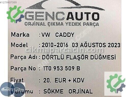 Volkswagen Caddy Flaşör Düğmesi 1T0953509 çıkma parça