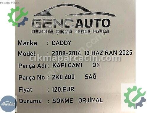 Volkswagen Caddy Sağ Ön Kapı Camı 2K0600 çıkma parça