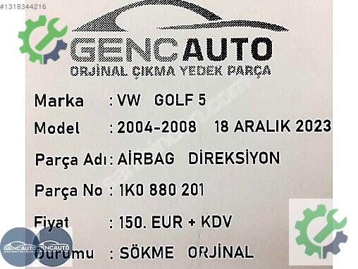 Volkswagen Golf Airbag Sargısı 1K0880201 çıkma parça