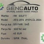 VW GOLF 7 SİS FARI SAĞ SIFIR İTHAL 5G0941662