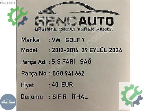 Volkswagen Golf Sağ Sis Farı 5G0941662 çıkma parça
